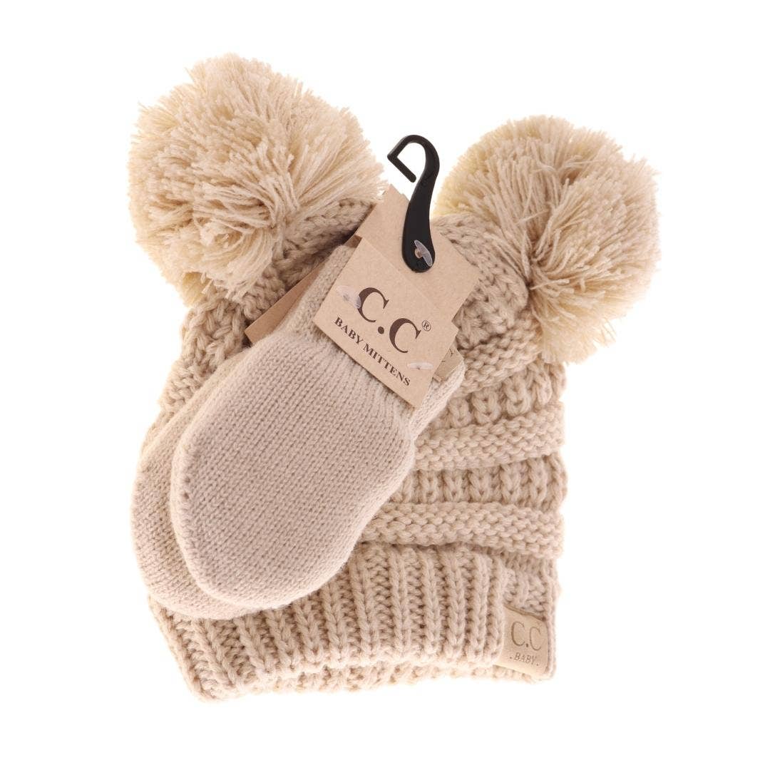 BABY Solid Knit Double Pom C.C Beanie with Mitten SET BABYSE