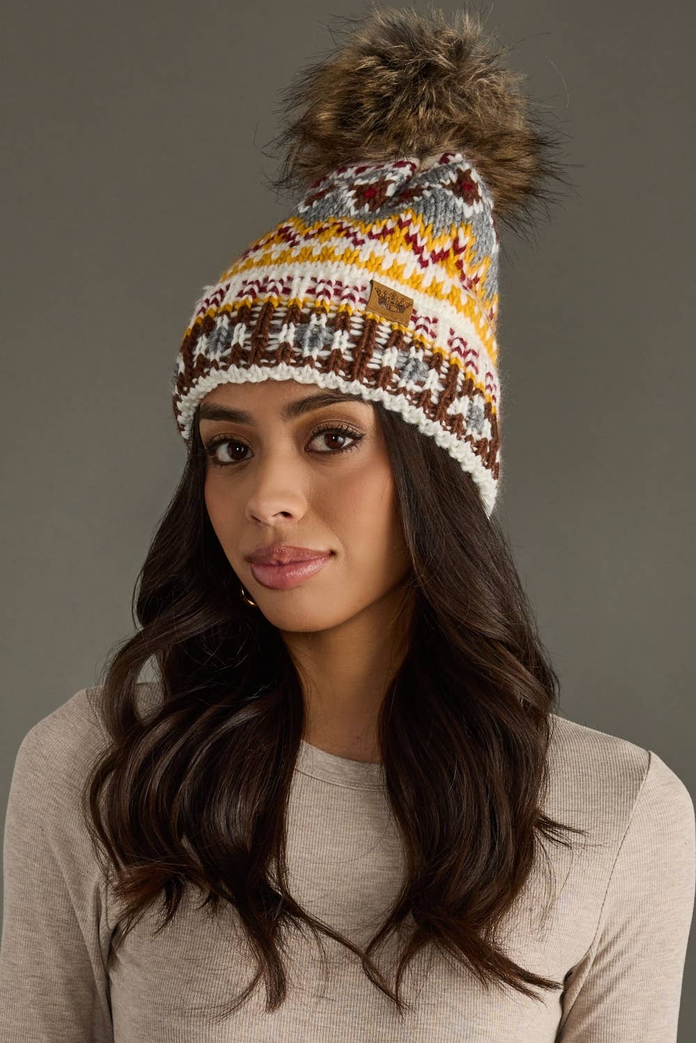 Ivory, Red & Gold Patterned Pom Hat