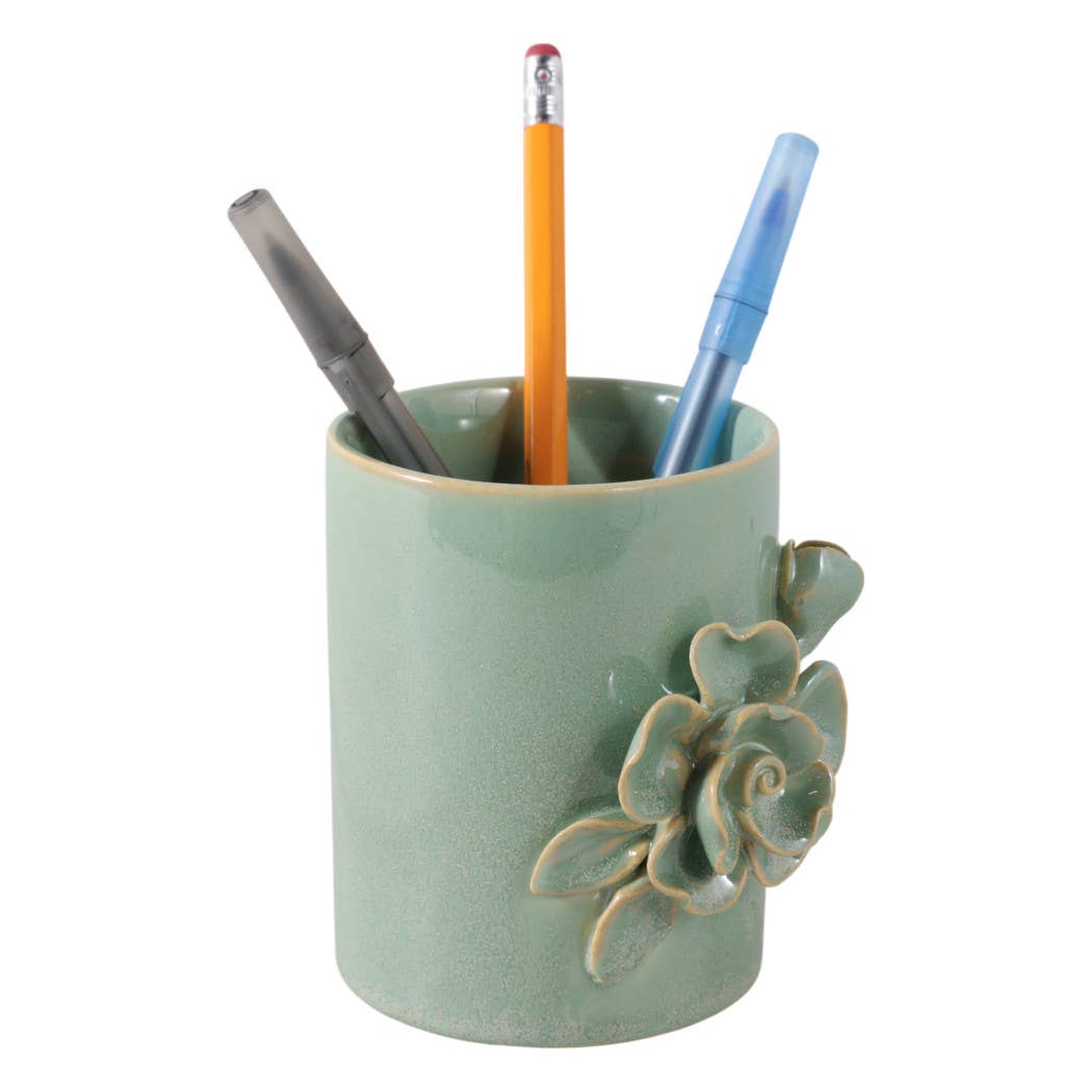Pencil Cup - Green Ceramic Rose Decorative Applique, 4 in.