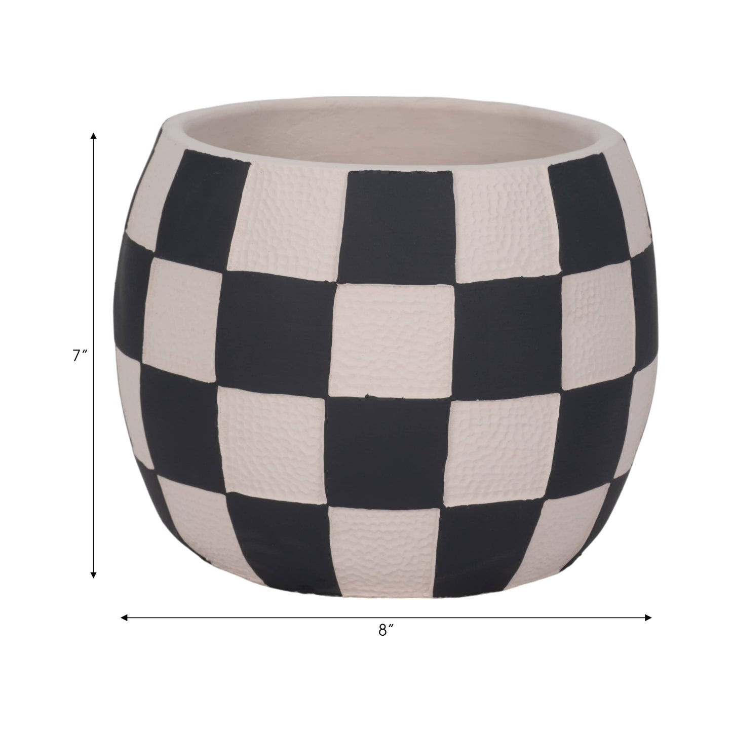 Planter - Black/White Pottery Checkerboard Rounded, 8 in.