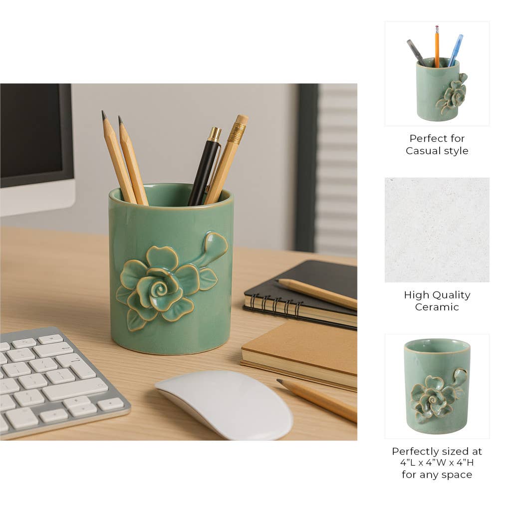 Pencil Cup - Green Ceramic Rose Decorative Applique, 4 in.