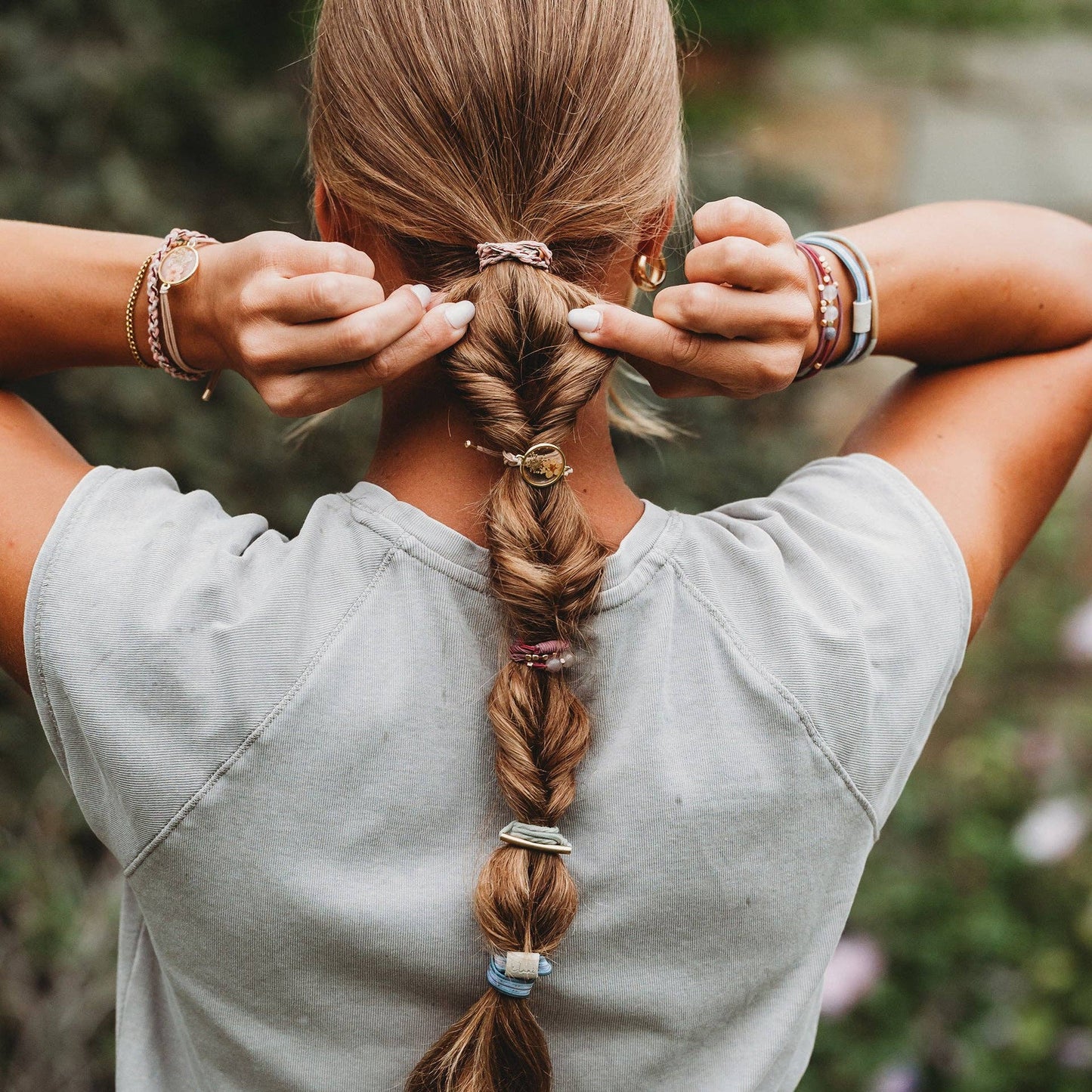 "Bloom" Maroon and Pink with Pressed Flowers Hair Tie Bracelets