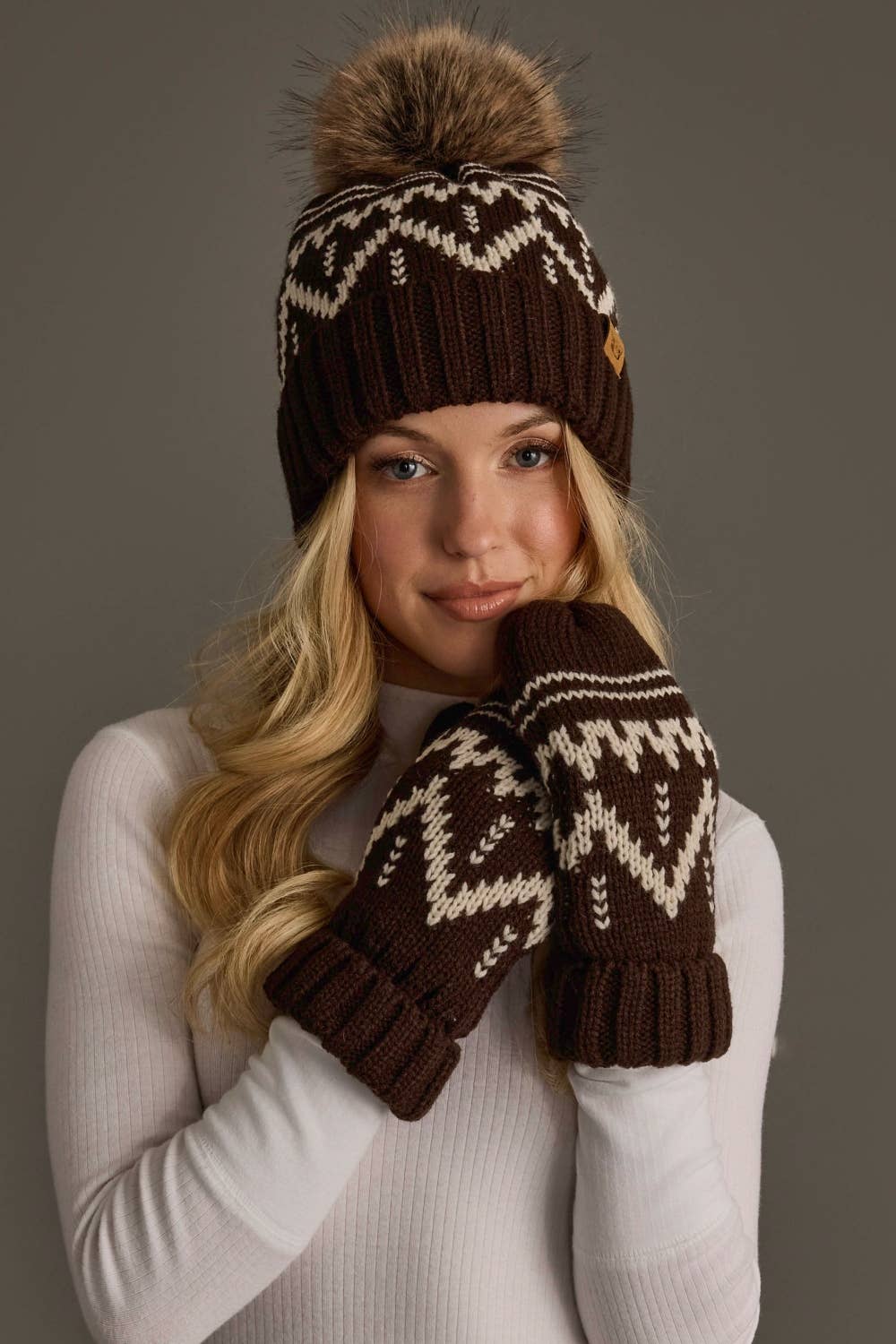 Chocolate Brown & Beige Patterned Pom Hat