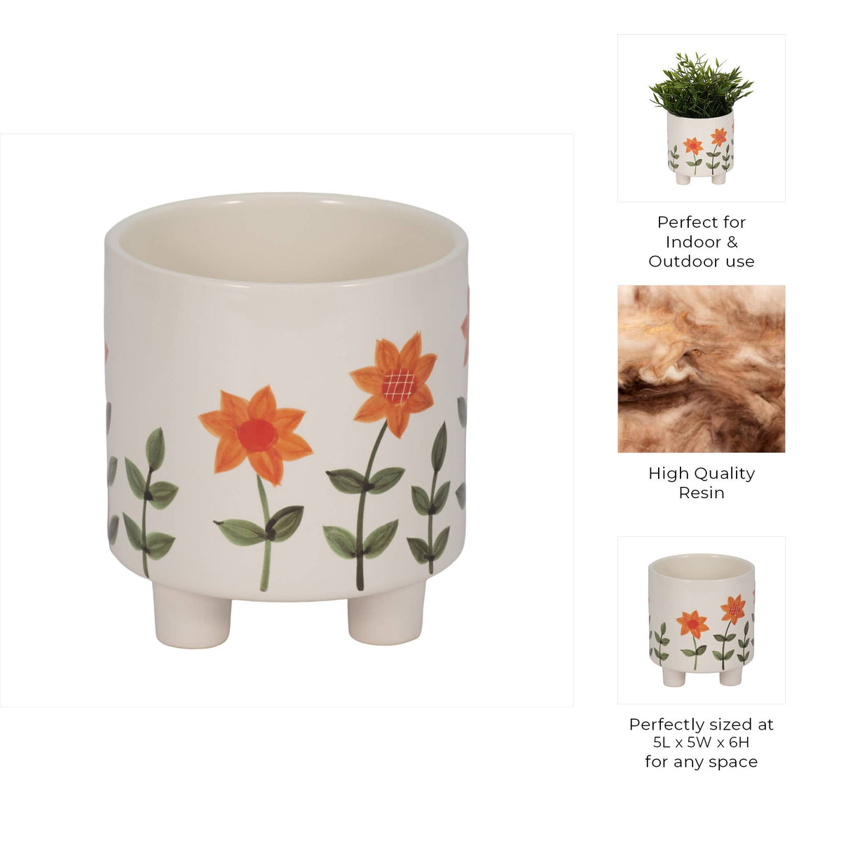 Plant Pot - White Ceramic Resin Footed Hand Painted, 6 in.
