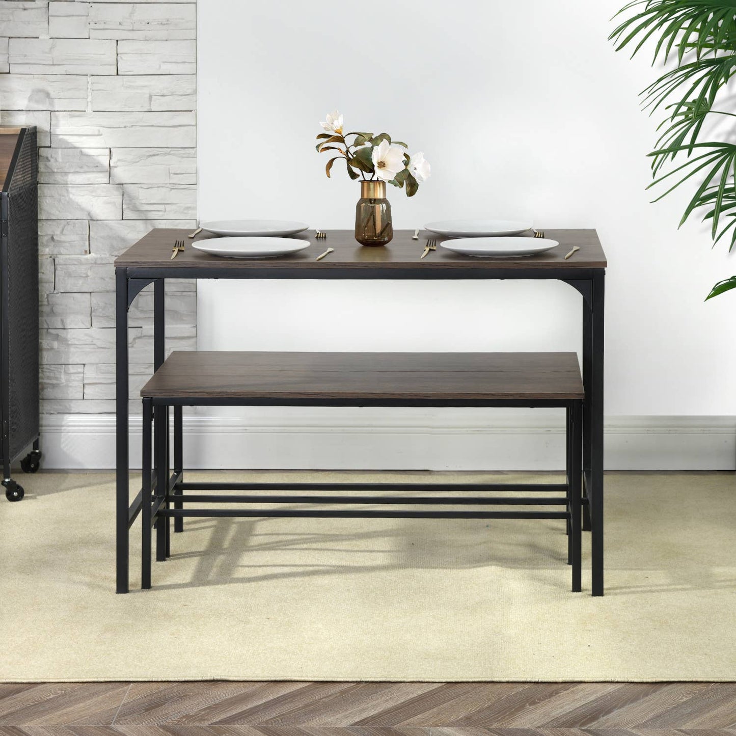 Industrial Dining Table Set with Benches – Wood & Metal