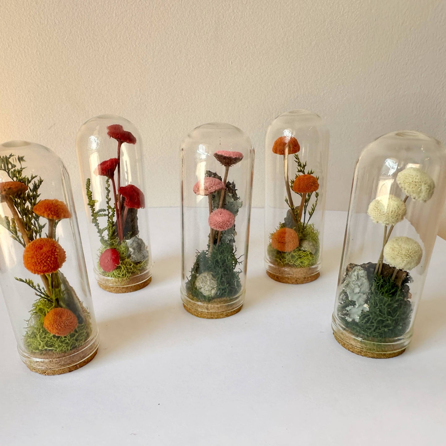 Mushroom Mix Terrarium Glass Cloche Cork Jar & Florals