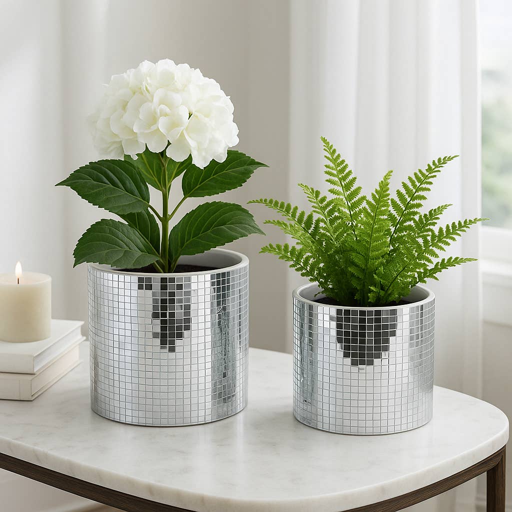 Planters Set of 2 - Silver Ceramic Disco Mirror, 6/7 in.
