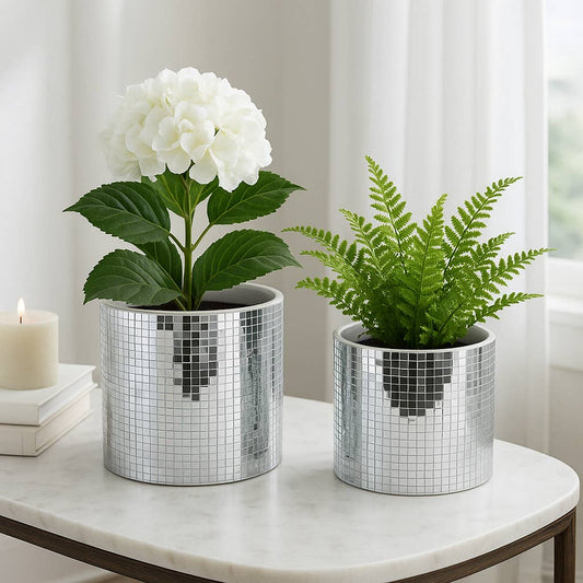 Planters Set of 2 - Silver Ceramic Disco Mirror, 6/7 in.
