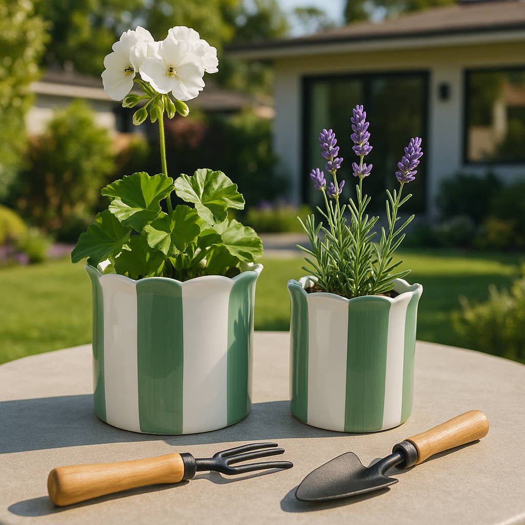 Planters Set of 2 - Green/White Ceramic Striped, 6/8 in.