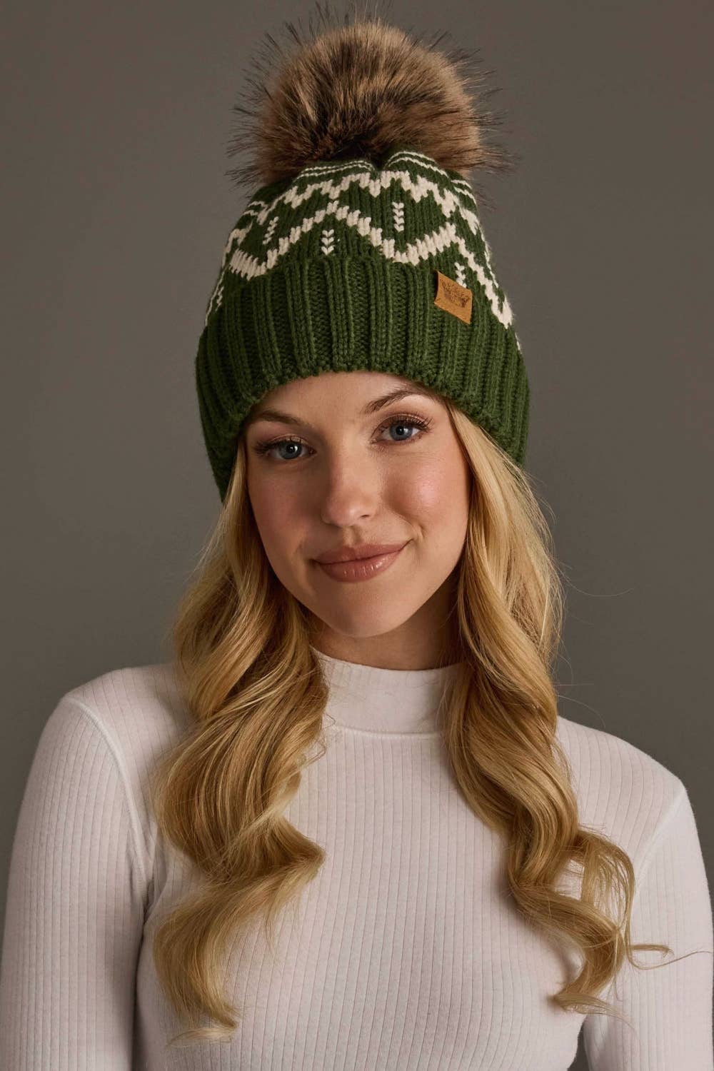 Olive & Beige Patterned Pom Hat