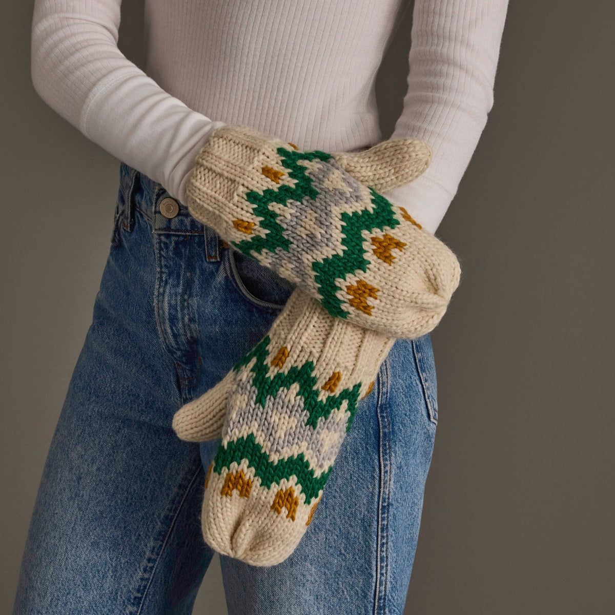 Cream, Gold, Green & Gray Patterned Mittens