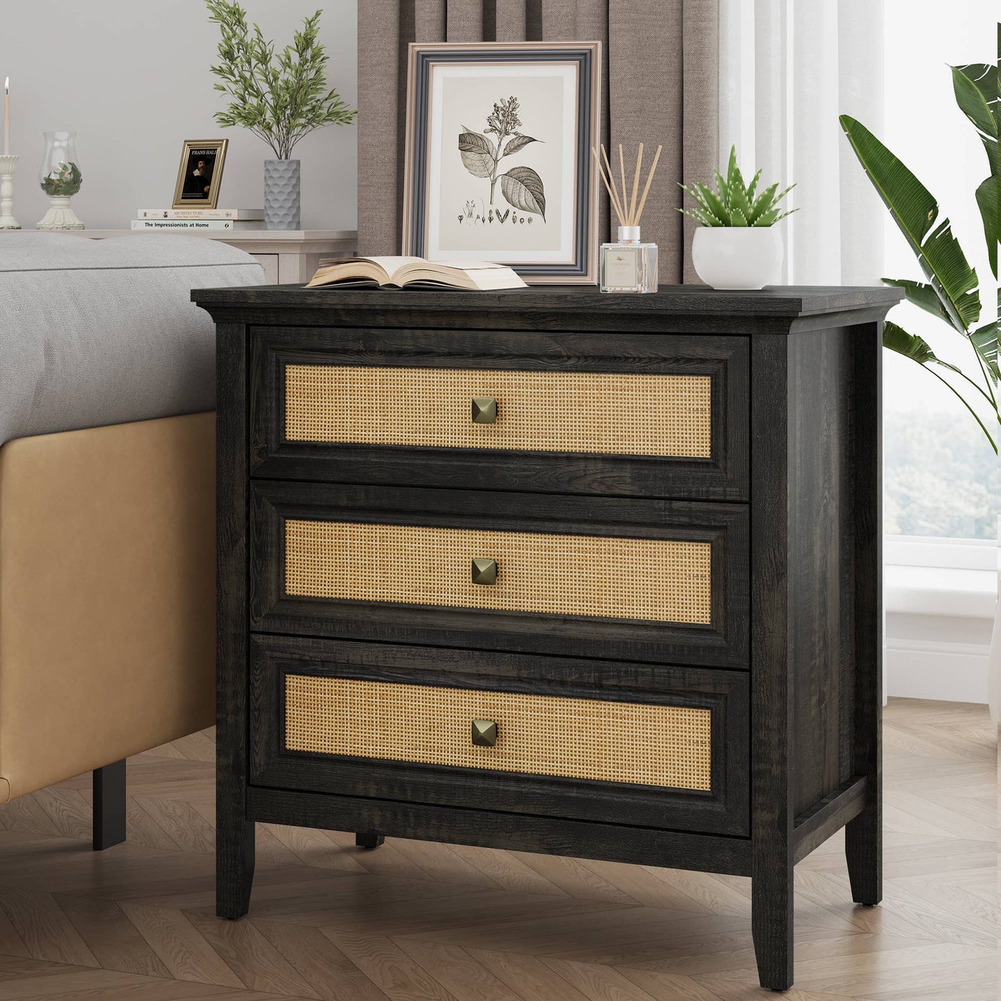 3 Drawer Dresser, Cane Nightstand with Rattan Drawers