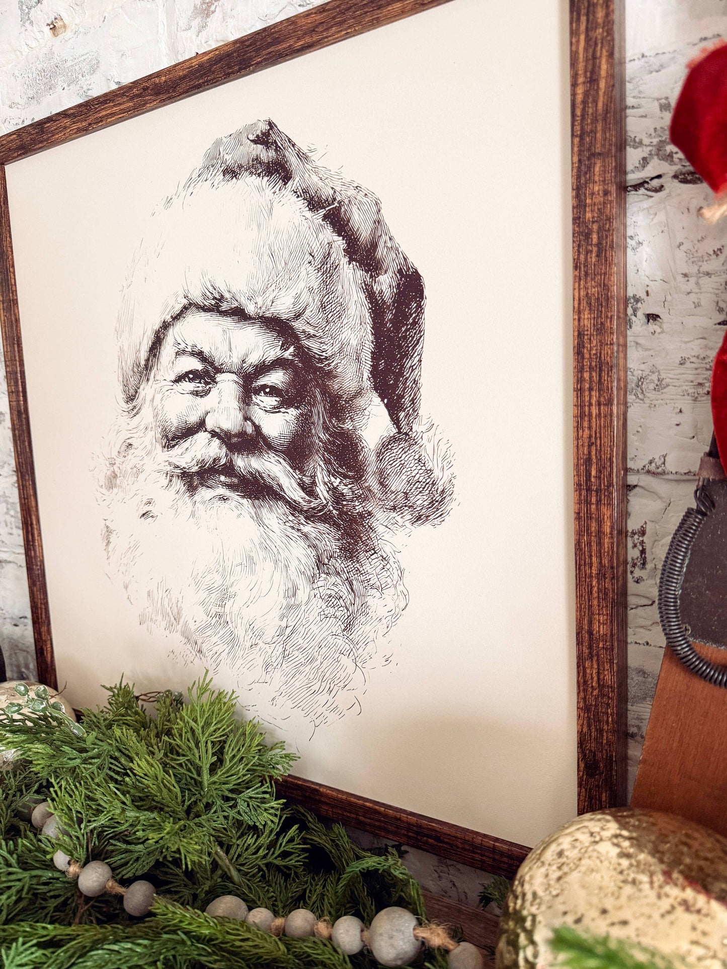 Vintage Black/White Santa Face Wood Sign