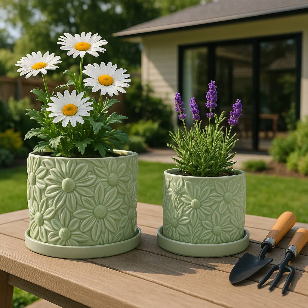 Green 6/8 in. Ceramic Daisy Flower Planter (Set of 2)