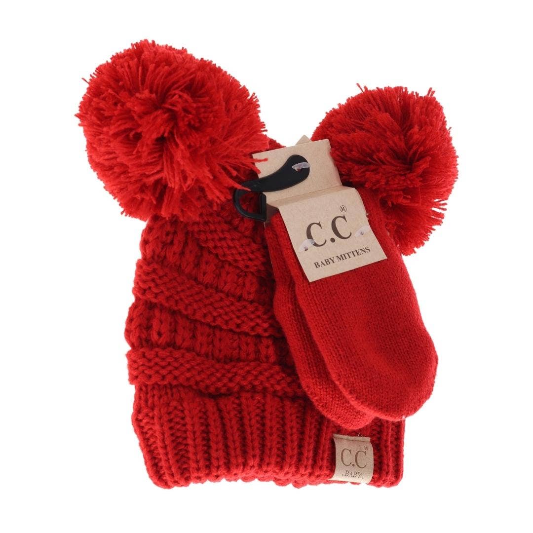 BABY Solid Knit Double Pom C.C Beanie with Mitten SET BABYSE