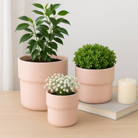 Planters Set of 3 - Pink Ceramic Round Mushroom, 7/9/10 in.