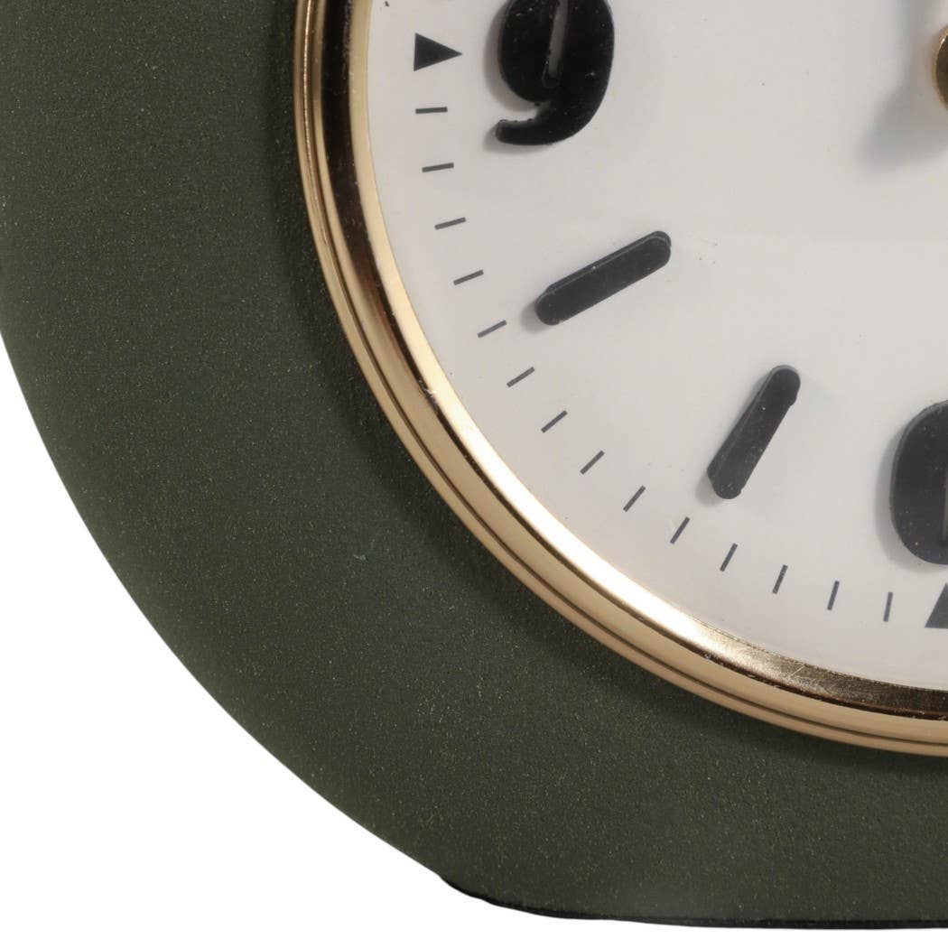 Table Clock - Green Metal and Glass Round Design, 7 in.