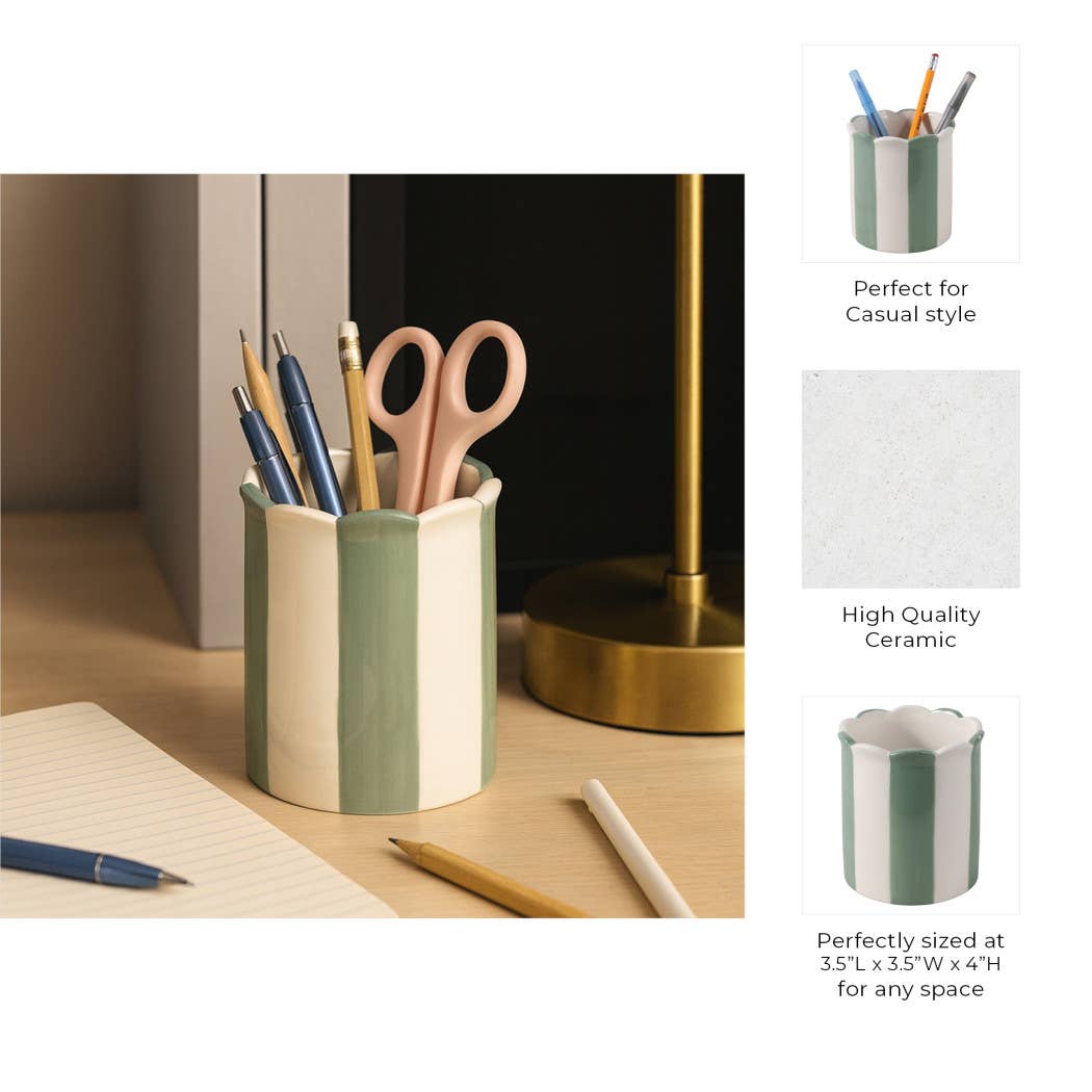 Pencil Cup - Green/Ivory Ceramic Decorative Striped, 4 in.