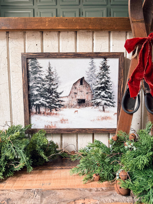 Natural Wood Barn in Winter Wood Sign