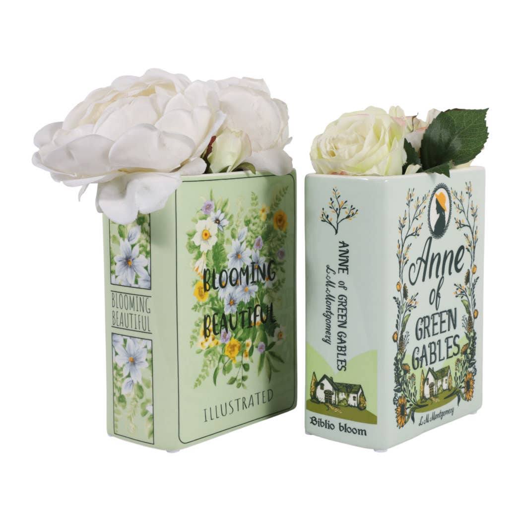 Decorative Vase Set of 2 - Green Ceramic Floral Book, 8 in.