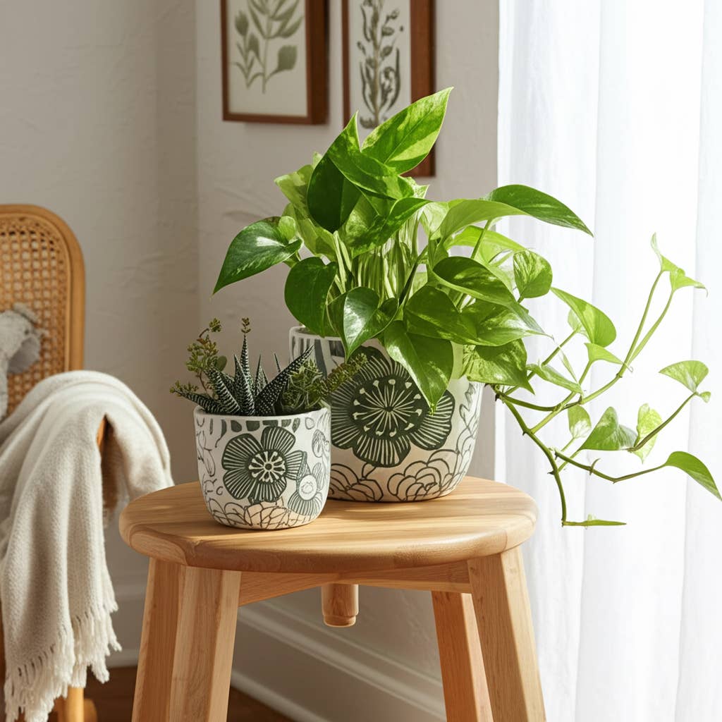 Planter Set of 2 - White/Green Ceramic Floral Power, 6/8 in.