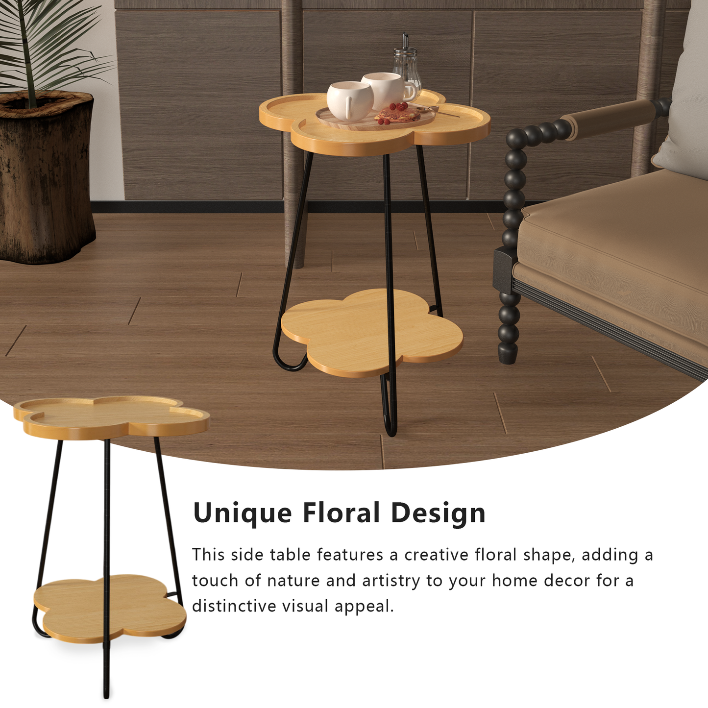 Petal-Shaped Accent Side Table with Acacia Wood Top