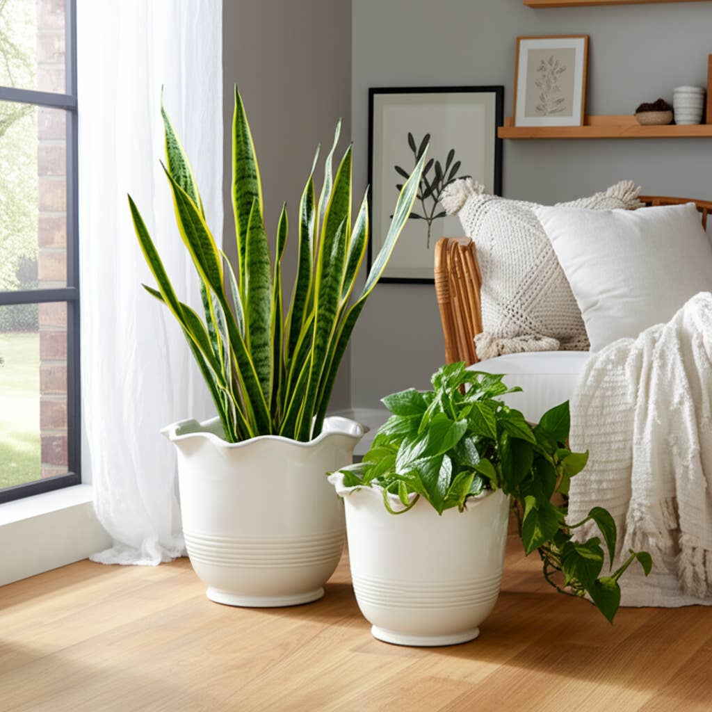 Ceramic Scalloped Rim Planters Set of 2 - Ivory, 6/8 in.
