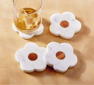 Marble & Wood Flower Coaster Set of 4 White Everyday