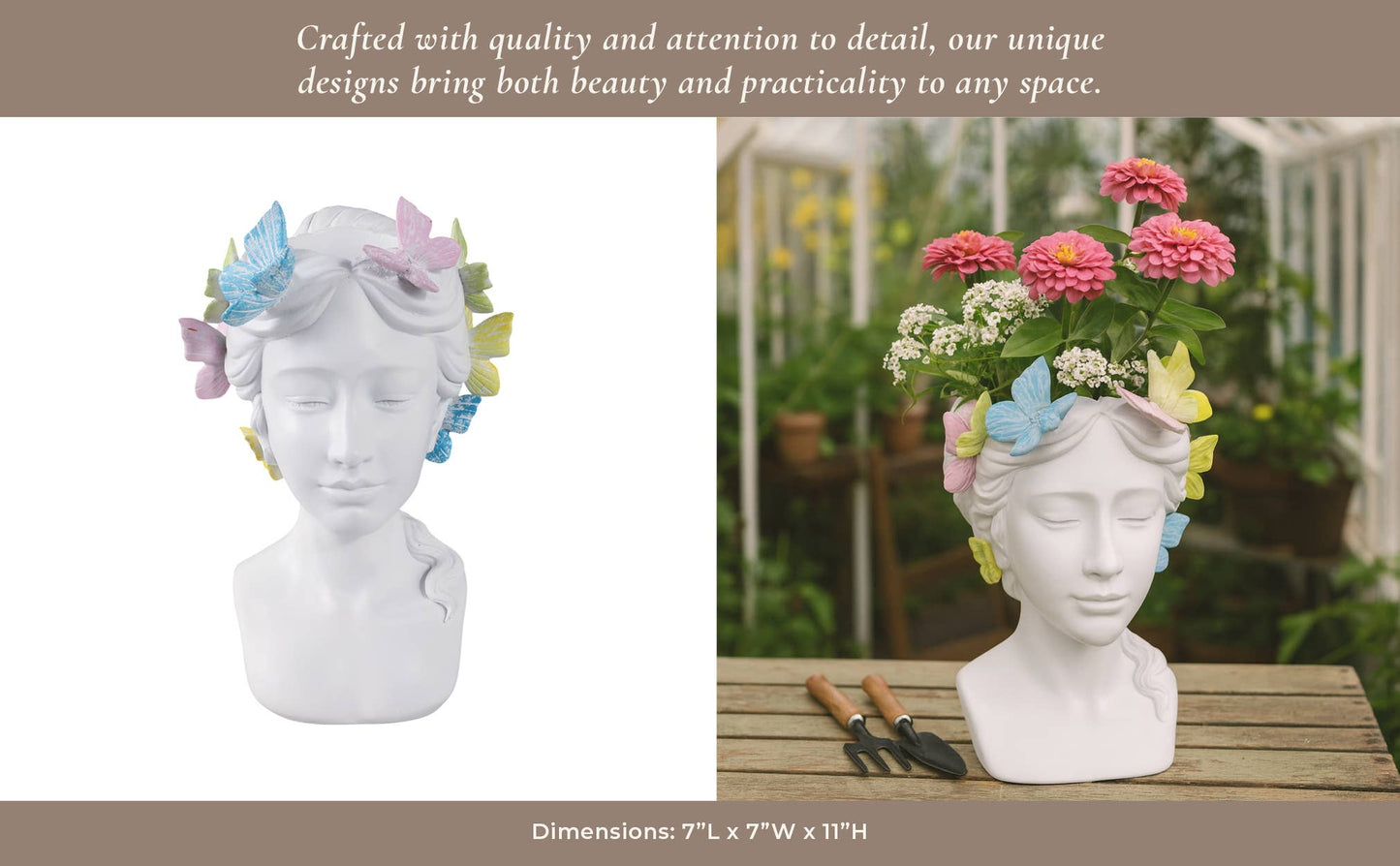 Planter - White Polyresin Lady with Butterflies, 7 in.