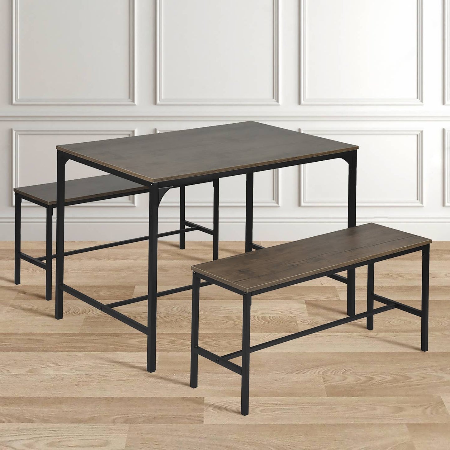 Industrial Dining Table Set with Benches – Wood & Metal