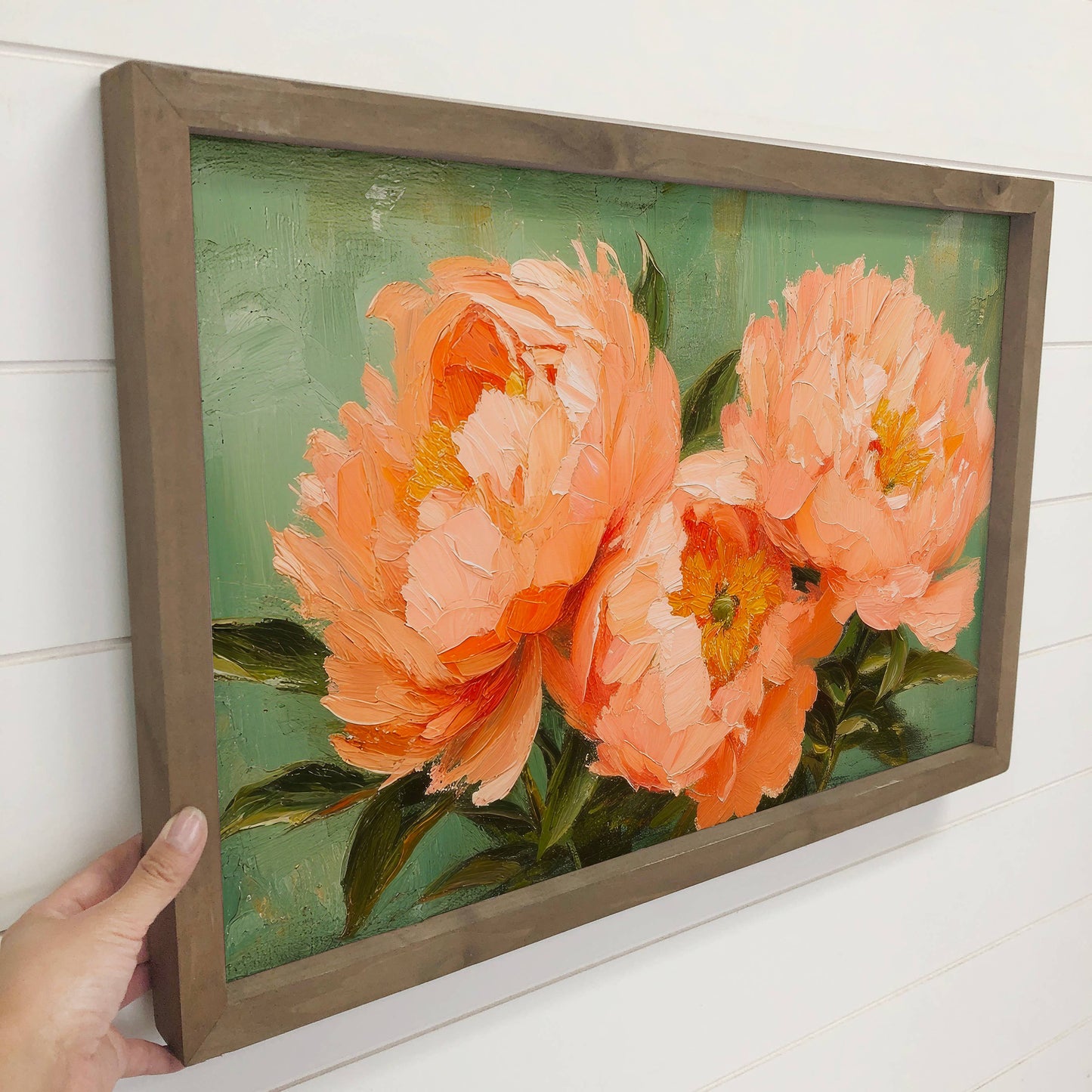 Peach Peonies on Green - Farmhouse Floral Canvas Wall Art