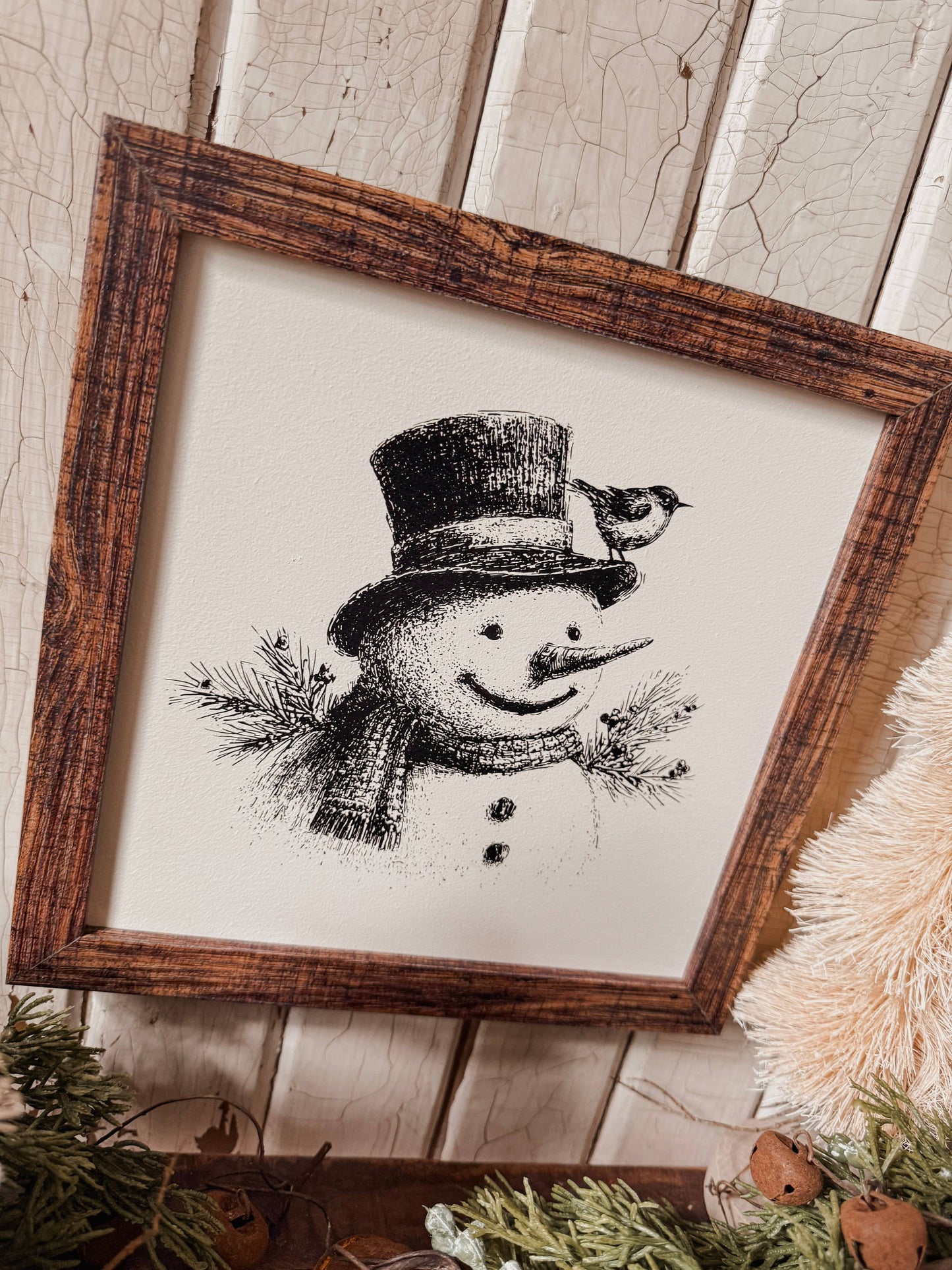 Black/White Vintage Snowman Face Wood Sign