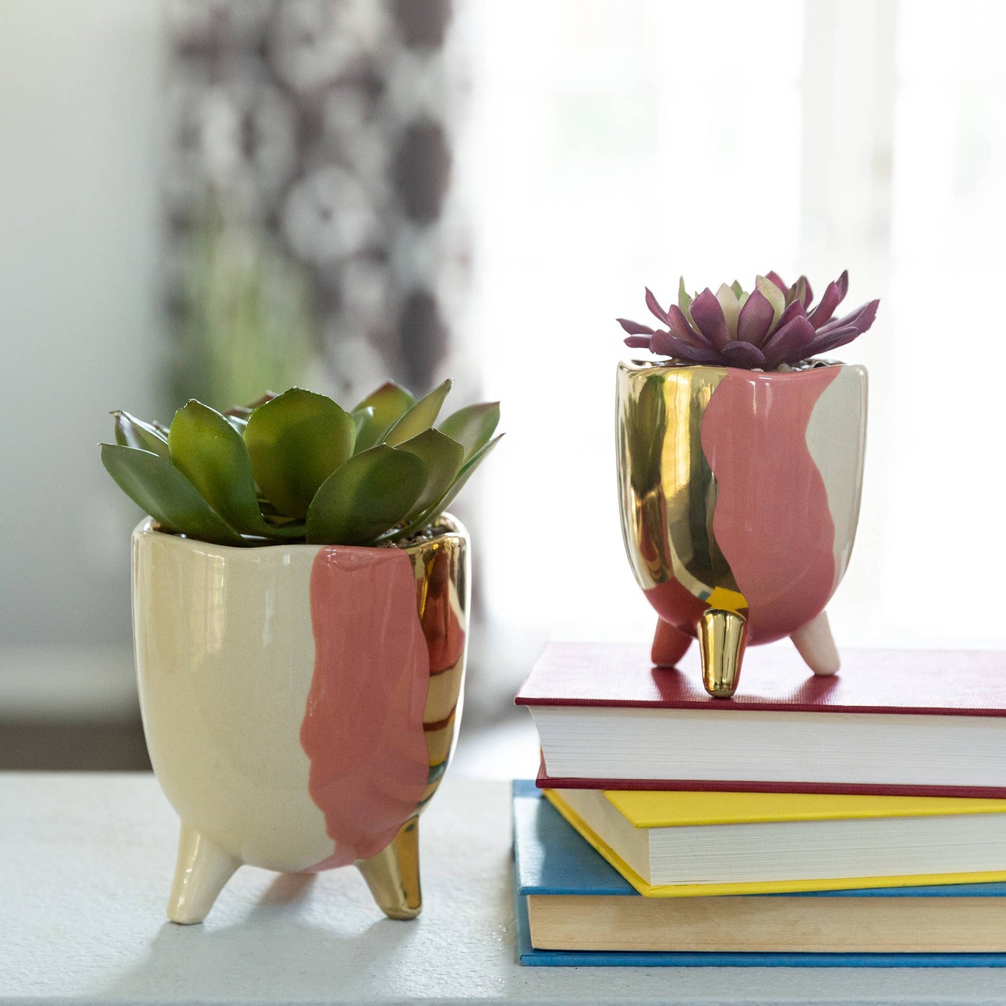 Set Of 2 4"And 3" 3-Tone Footed Ceramic