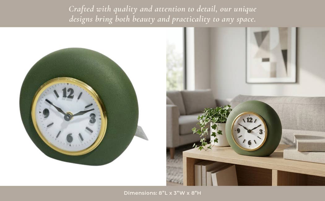 Table Clock - Green Metal and Glass Round Design, 7 in.