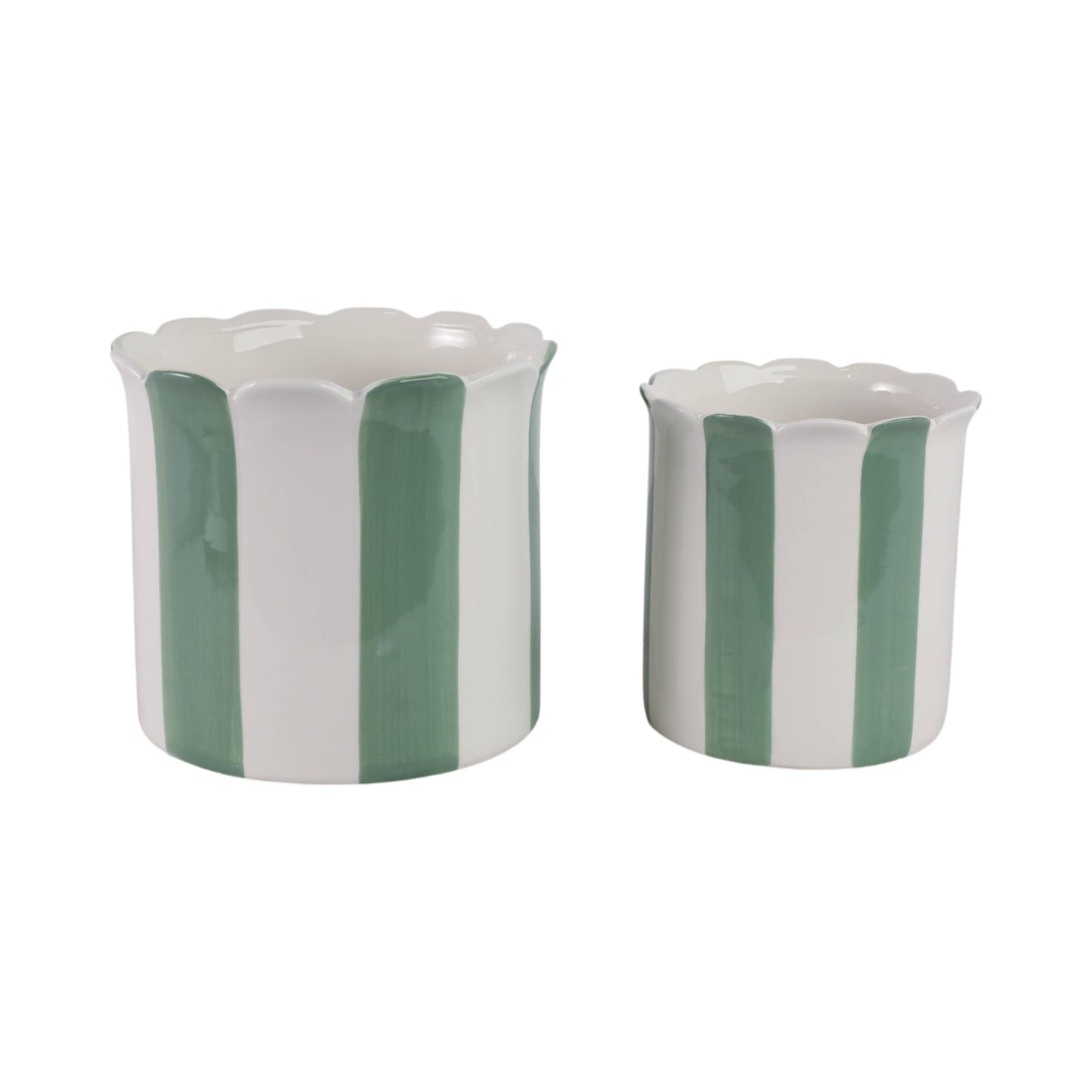 Planters Set of 2 - Green/White Ceramic Striped, 6/8 in.