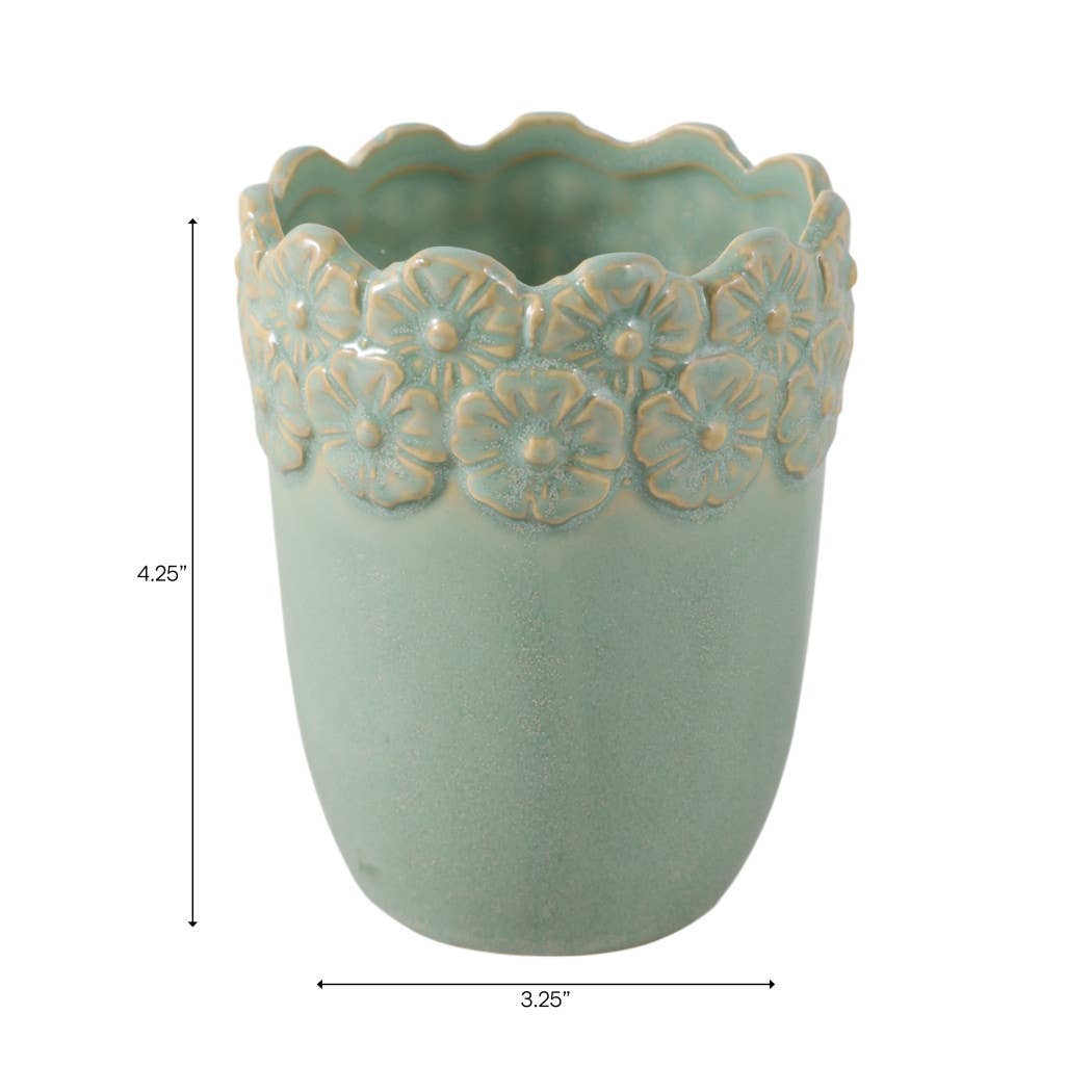 Pencil Cup - Green Ceramic Scalloped Flower Border, 4 in.
