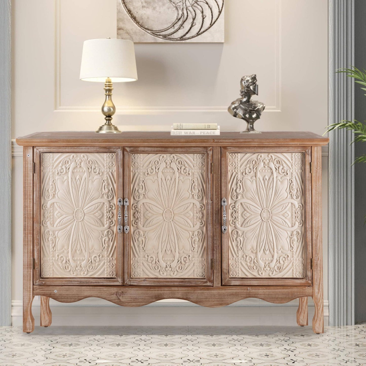 Sideboard Buffet Cabinet with 3 Carved Doors and Shelves
