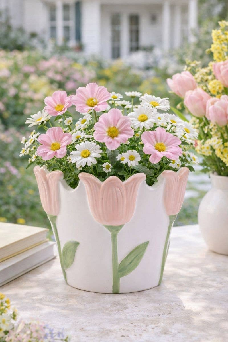 White/Pink Tulip Planter -Spring - Mother's Day Item #34013
