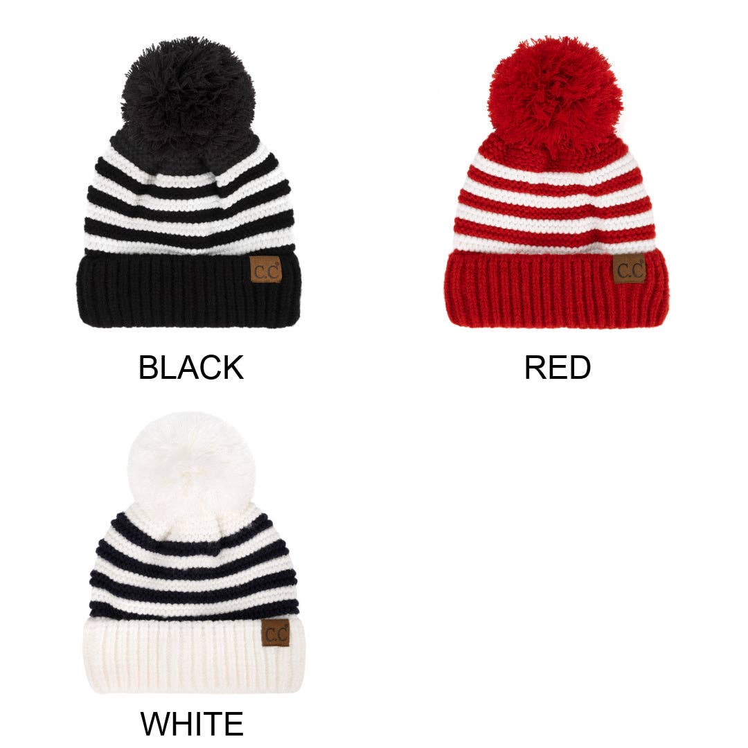 CC Chunky Knit Striped Pom Beanie ( YJ-1008 )