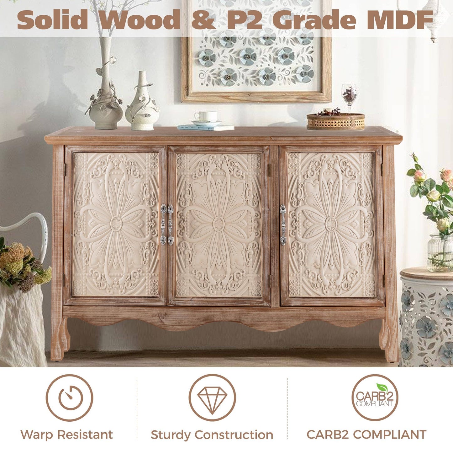 Sideboard Buffet Cabinet with 3 Carved Doors and Shelves