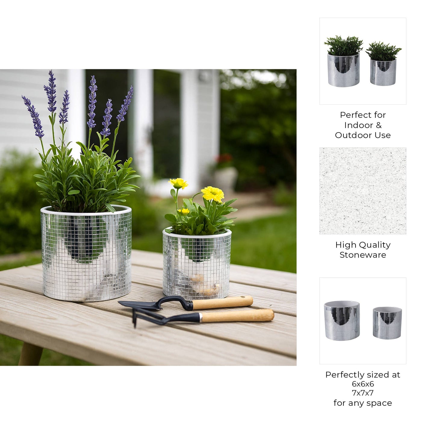 Planters Set of 2 - Silver Ceramic Disco Mirror, 6/7 in.