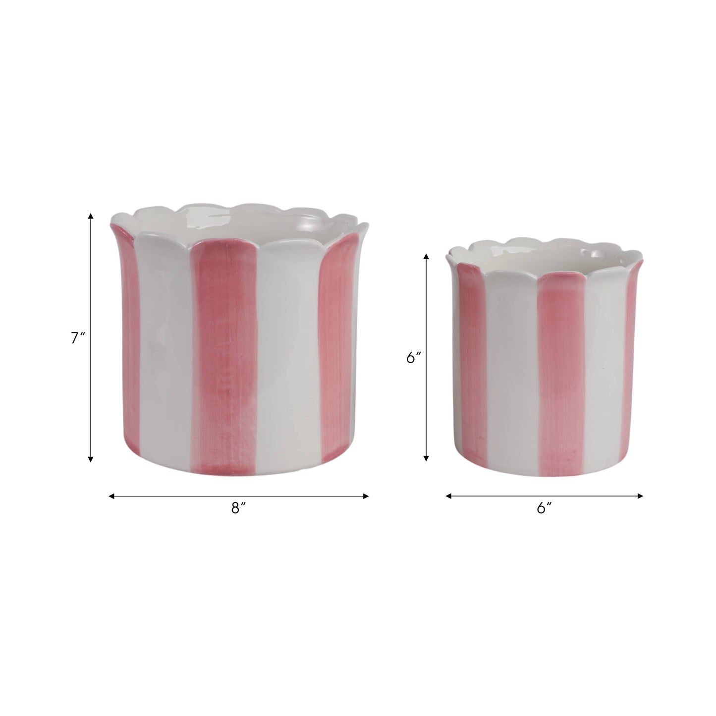 Planters Set of 2 - Pink Ceramic Striped Scallop, 6/8 in.