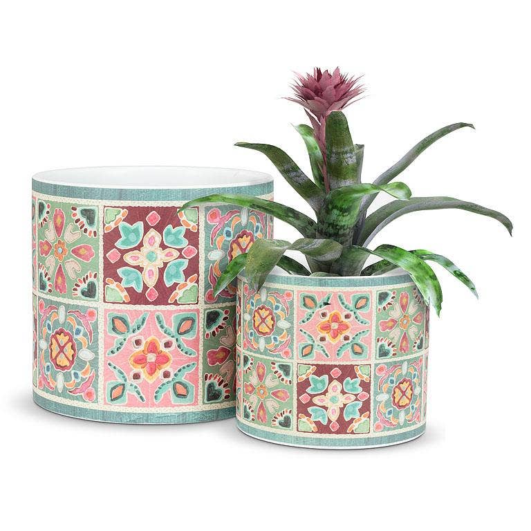 Large Muted Tile Grid Planter-6"H
